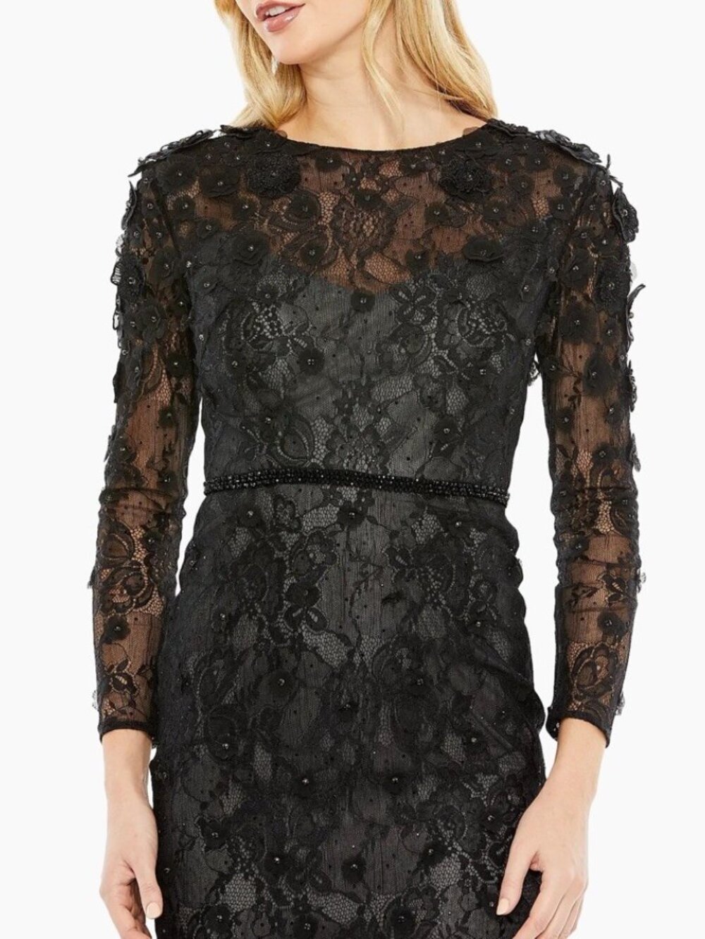 Mac Duggal Size 4 67703 Black Floral Appliqué Long Sleeve Cocktail Midi Dress - Picture 3 of 14
